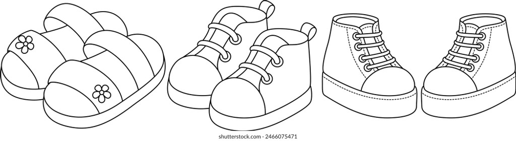Line drawing of four pairs of shoes on white background