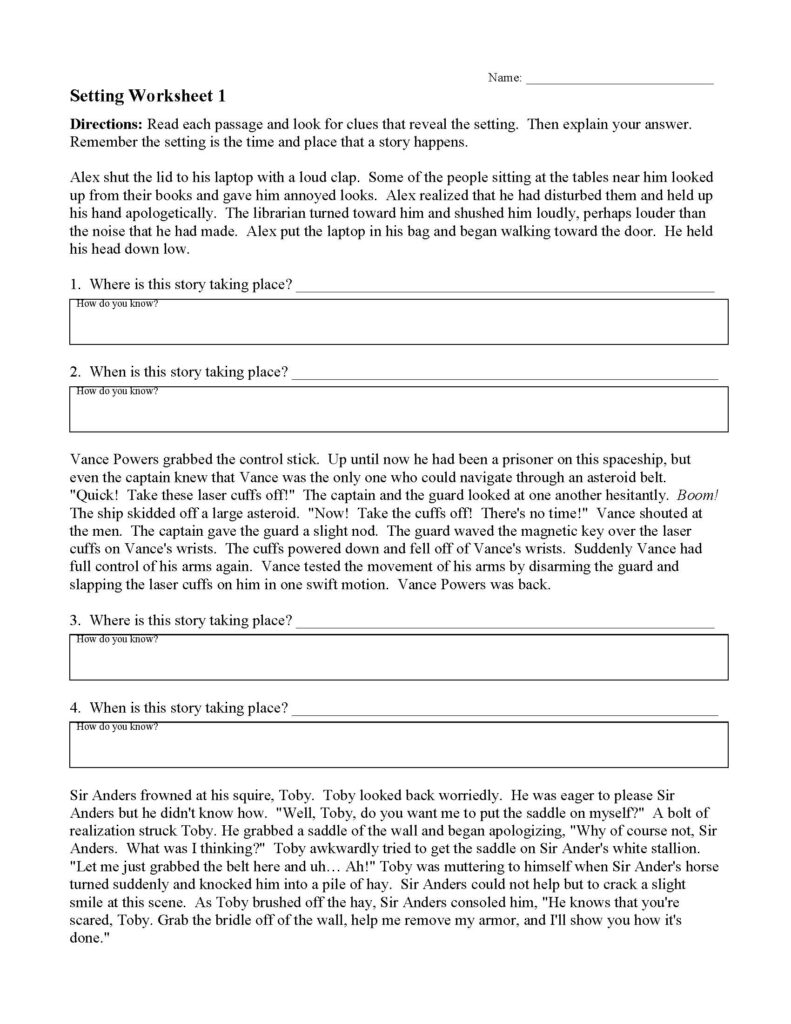 Printed reading comprehension worksheet page with short stories and questions