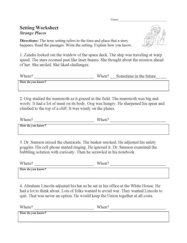Black-and-white setting worksheet page with reading passages and blanks