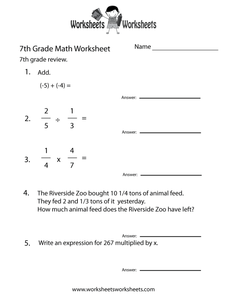 Seventh grade math worksheet with five problems