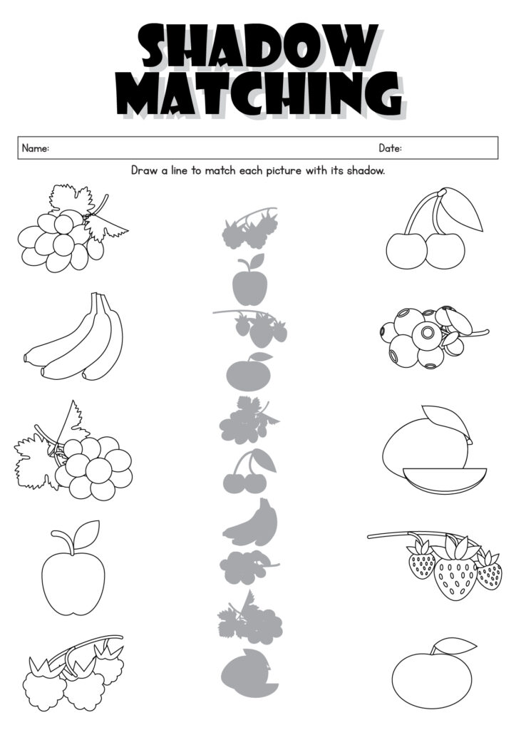 Shadow matching fruit worksheet with pictures and silhouettes