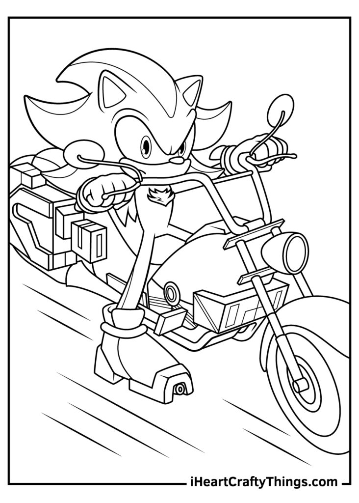 Black-and-white Sonic riding a motorcycle drawing