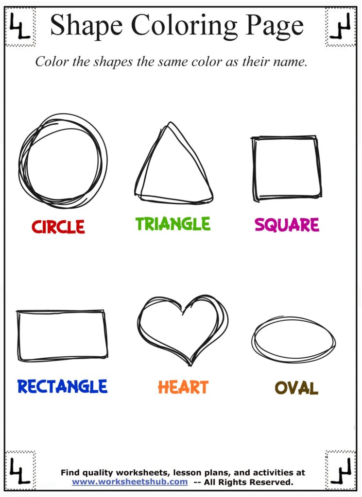 Shape coloring worksheet with six outlined shapes and labels