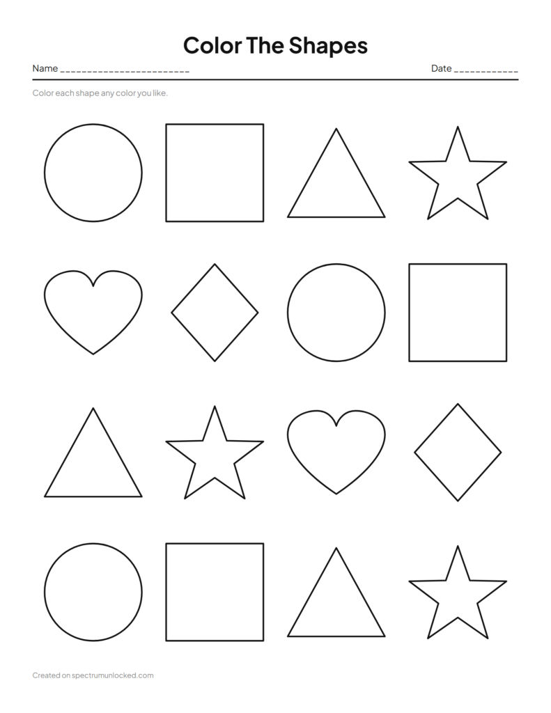 Shape coloring worksheet with outlined geometric figures