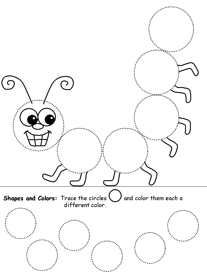 Printable caterpillar circle-tracing worksheet with dotted circles