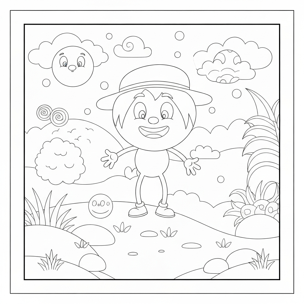 Cartoon child standing in a whimsical cloudy landscape