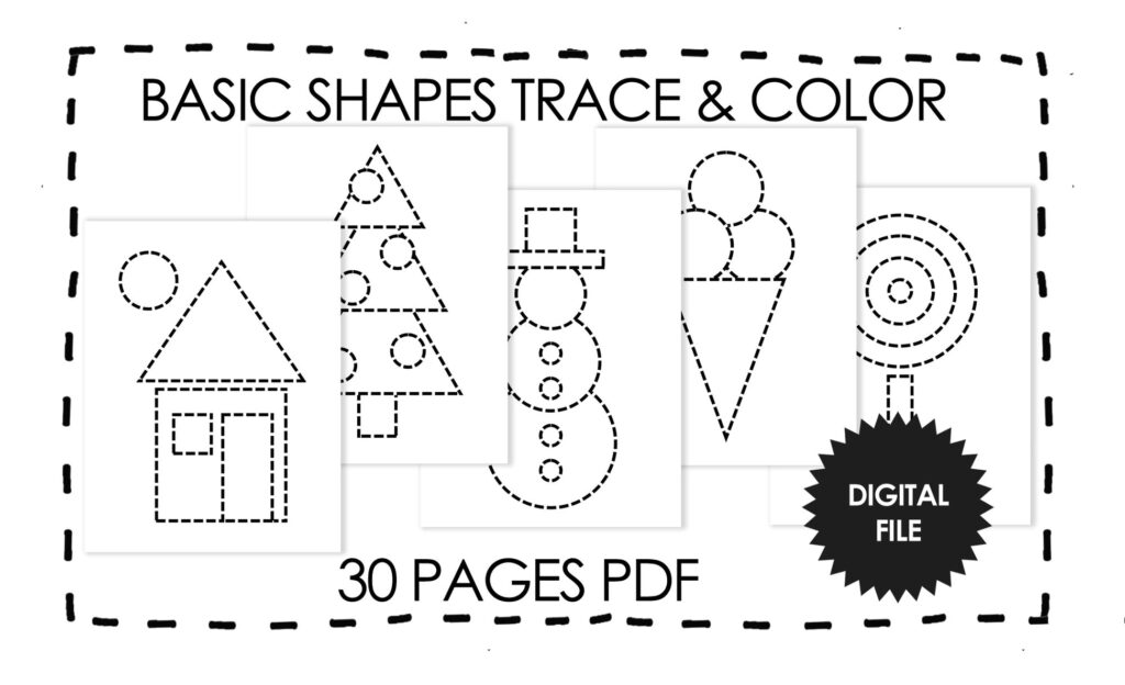 Basic shapes trace and color worksheet cover with dotted outlines