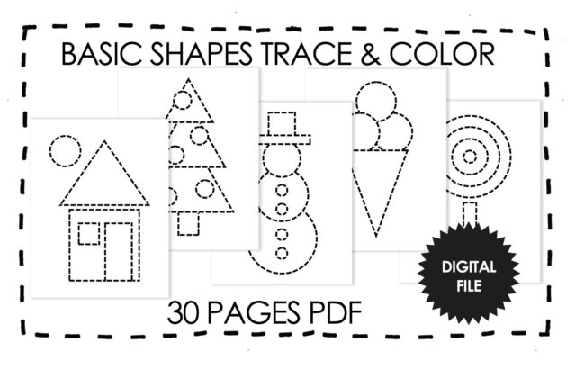 Basic shapes trace and color worksheet cover with dotted outlines