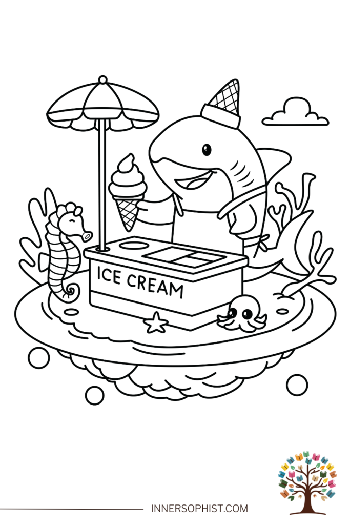 Cartoon shark at an ice cream stand underwater