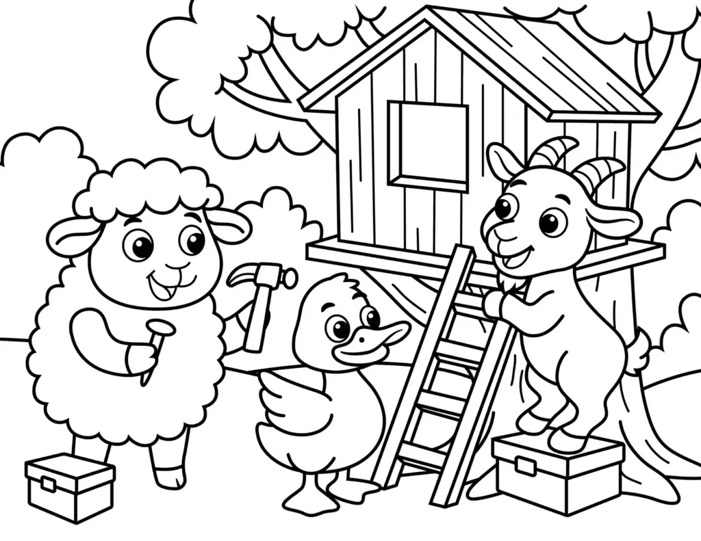 Cartoon sheep, goat, and duck building treehouse together