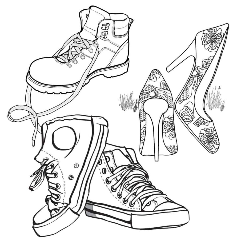 Black-and-white drawing of boots, sneakers, and high heels