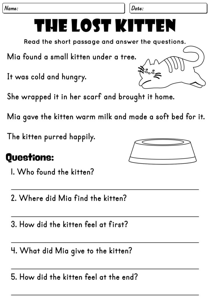 Black-and-white kitten reading worksheet with questions and illustrations