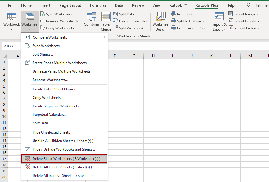 Excel window with Kutools Plus menu dropdown open over worksheet grid