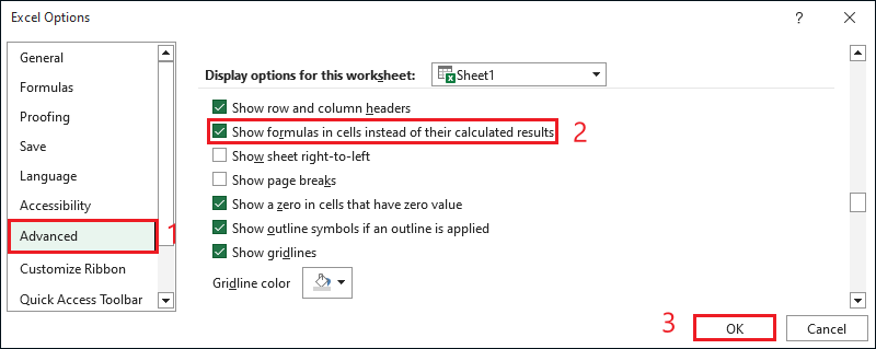 Excel Options dialog with Advanced selected and formulas checkbox highlighted