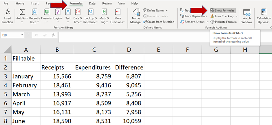 Microsoft Excel worksheet with formulas ribbon and table of monthly figures
