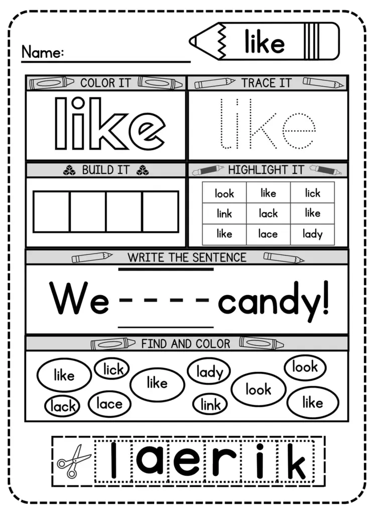 Black-and-white worksheet for the word like