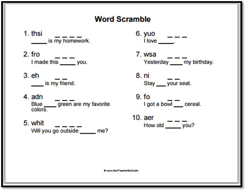 Word scramble worksheet with ten numbered clues