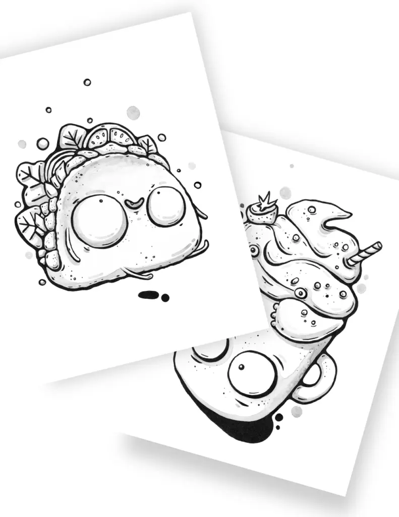 Black-and-white cartoon taco stack on tilted paper sheets