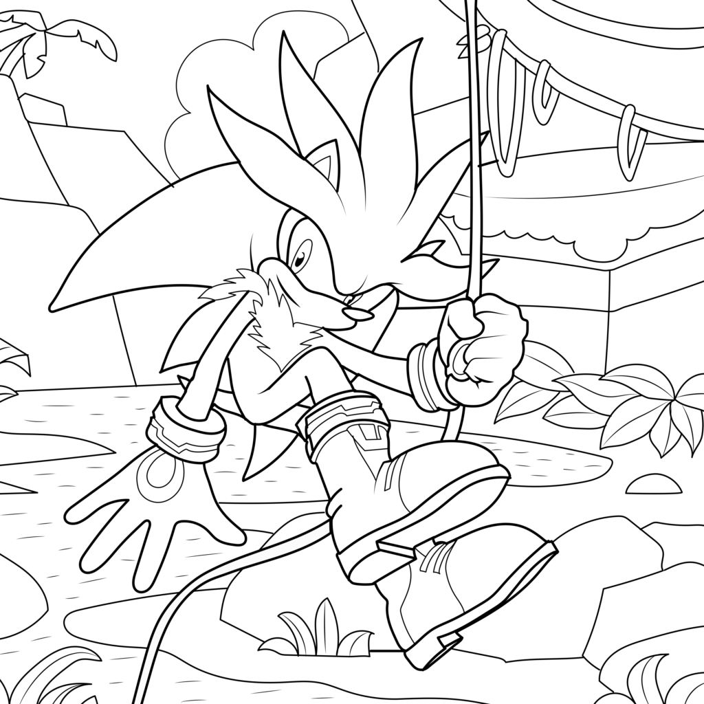 Black-and-white cartoon hedgehog swinging on a vine outdoors