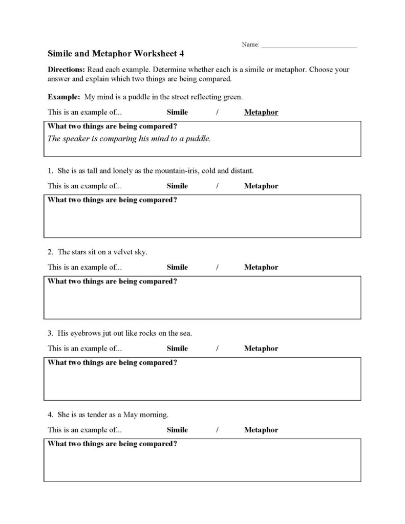 Printed simile and metaphor worksheet with blank answer boxes