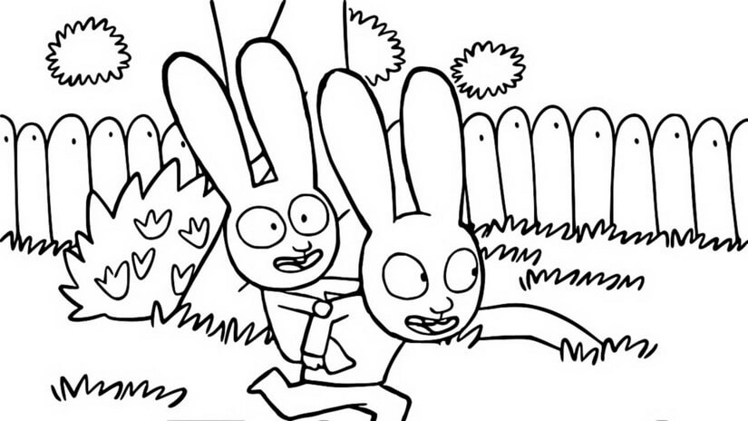Two cartoon rabbits in a backyard