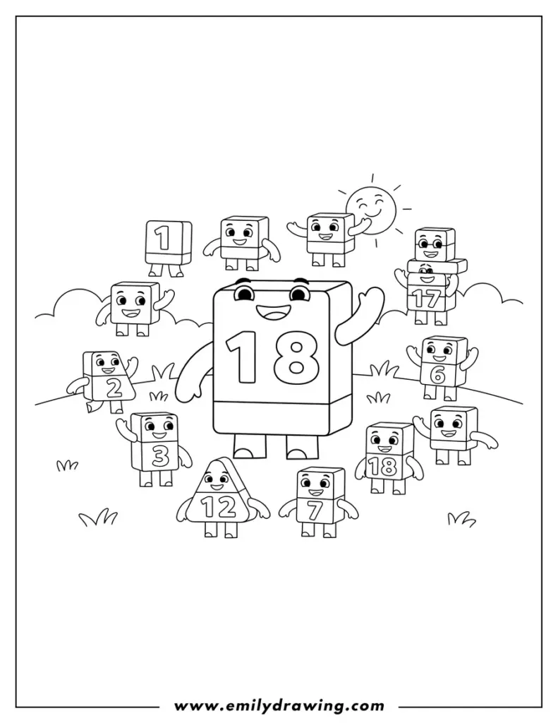 Black-and-white coloring page of smiling number blocks outdoors