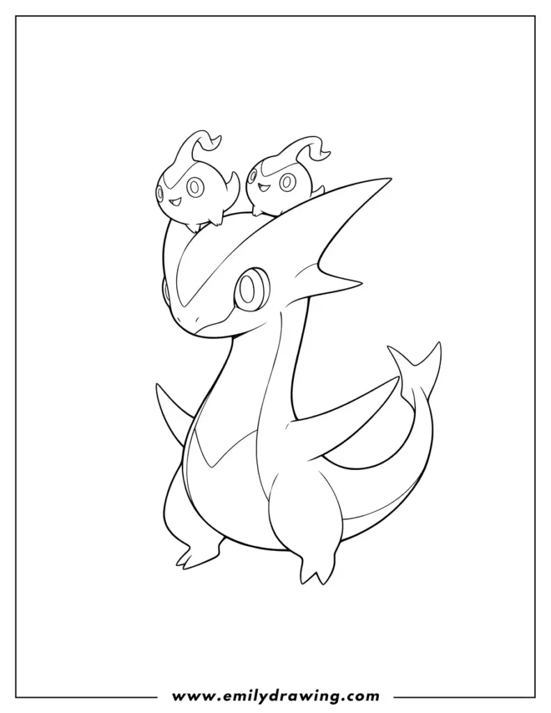Black-and-white cartoon dragon with two small heads on top