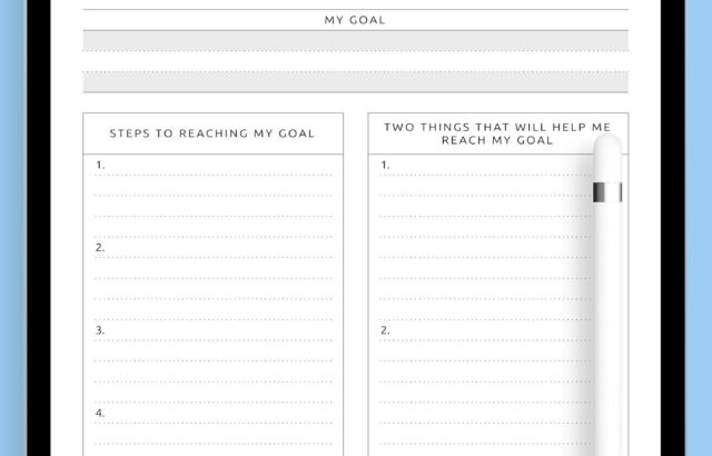 Tablet displaying a simple goal setting worksheet with stylus