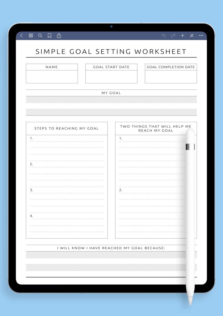 Tablet displaying a simple goal setting worksheet with stylus