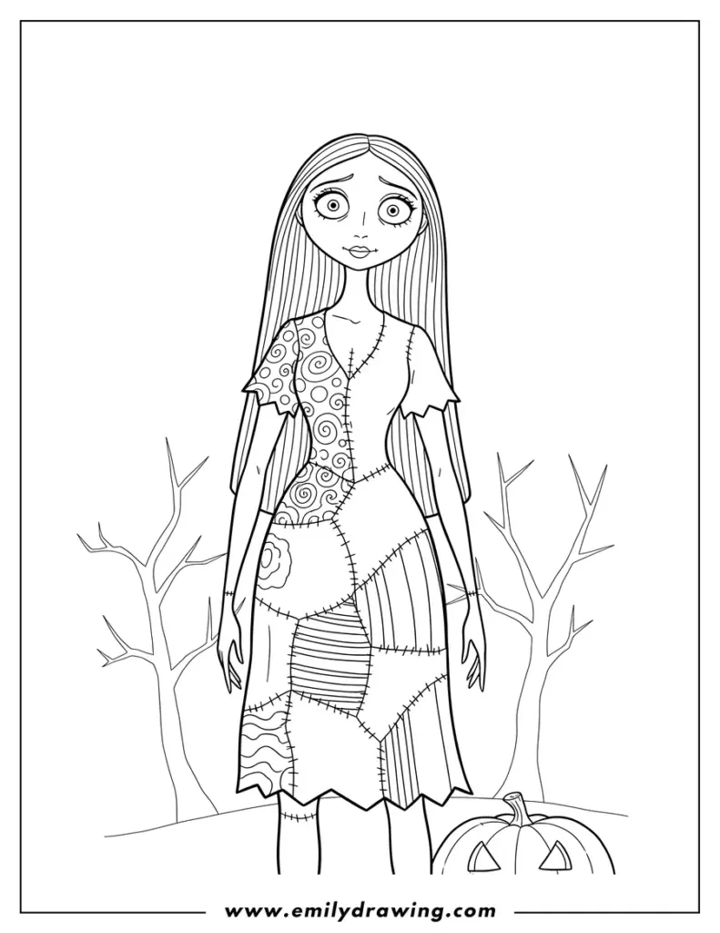 Line drawing of girl in patchwork dress with pumpkin and trees