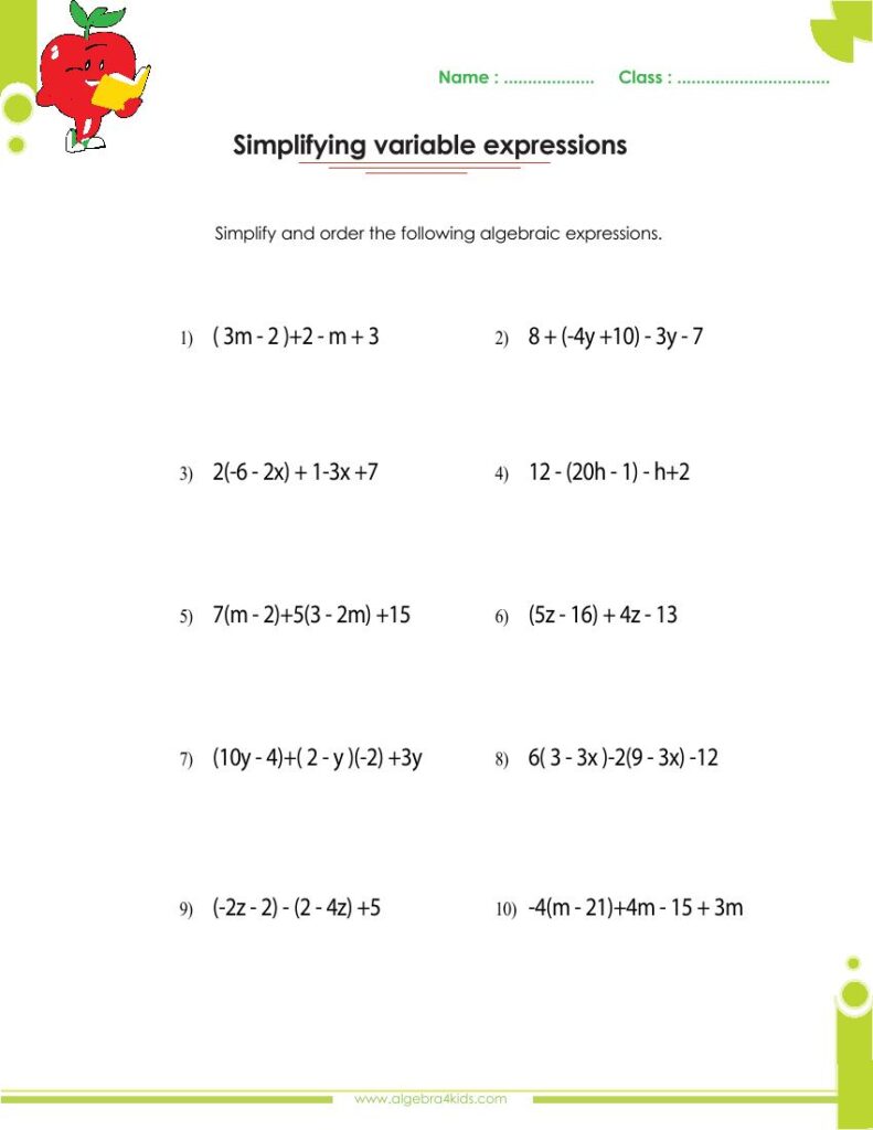 Algebra worksheet titled simplifying variable expressions with ten problems