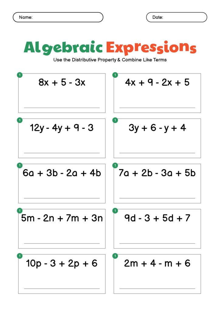 Algebraic expressions worksheet with multiple problems