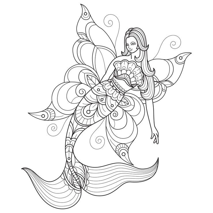 Black-and-white mermaid with butterfly wings on white background