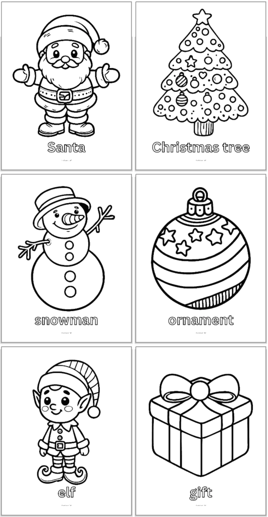 Christmas coloring page with six labeled drawings