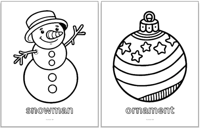 Christmas coloring page with six labeled drawings