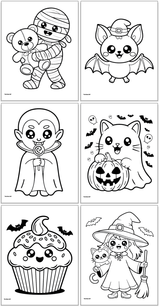 Six Halloween-themed cartoon coloring pages in a grid