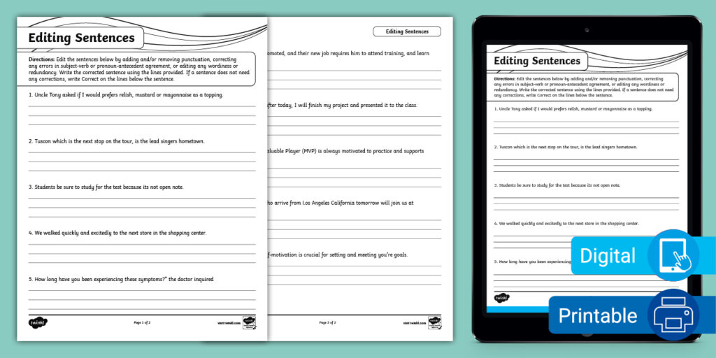 Tablet displaying editing sentences worksheet pages