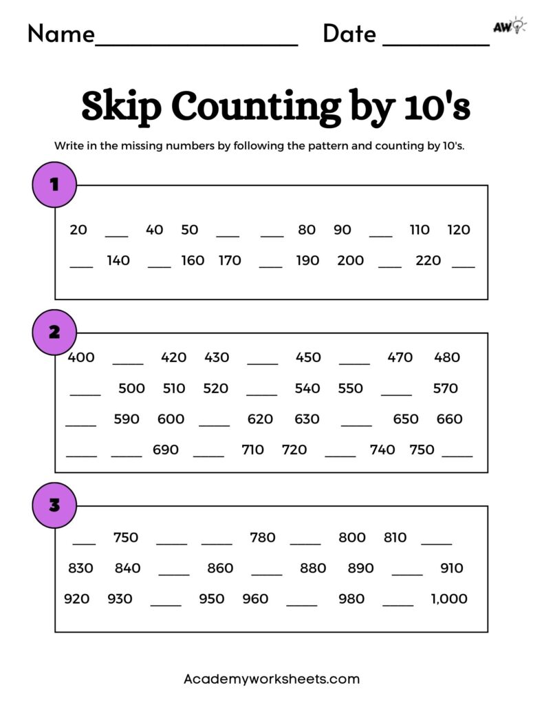 Skip counting by 10s worksheet with numbered blanks