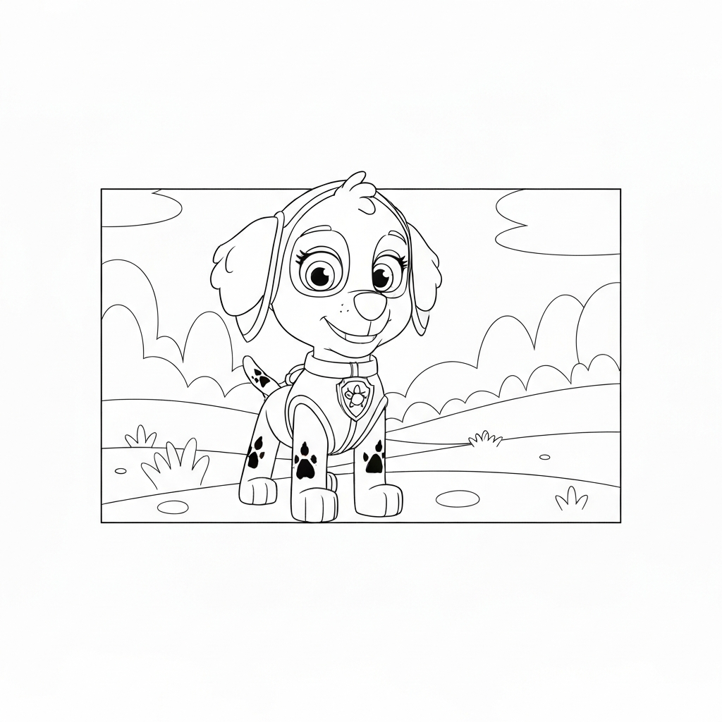 Cartoon puppy in a grassy outdoor scene
