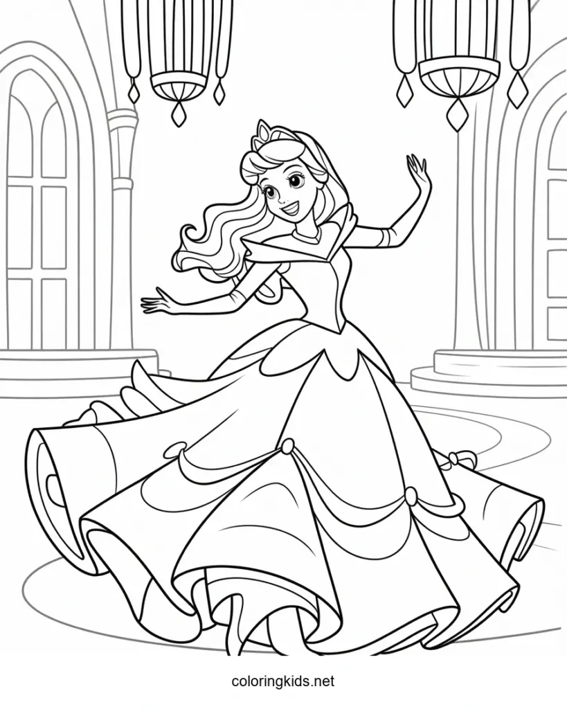 Princess in gown dancing in palace hall