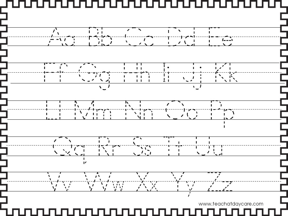 Alphabet tracing worksheet with dashed letters on lined page
