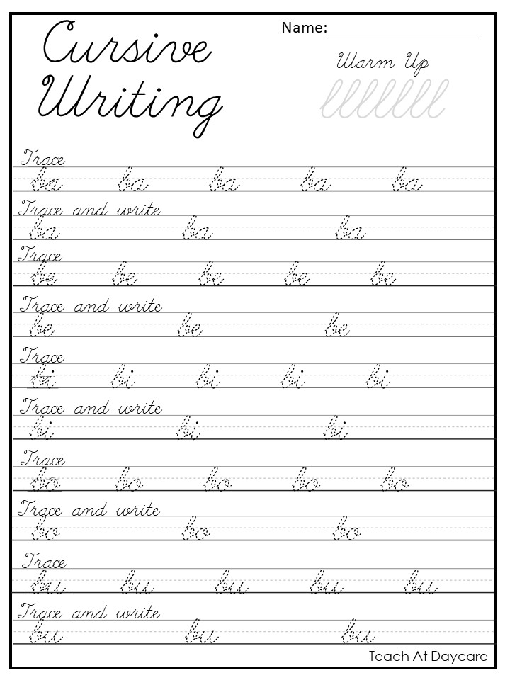 Cursive writing practice worksheet with trace and write lines