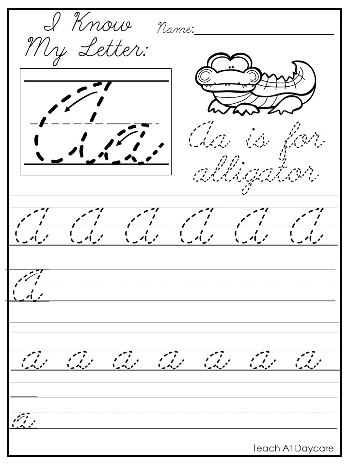 Cursive letter A tracing worksheet with alligator