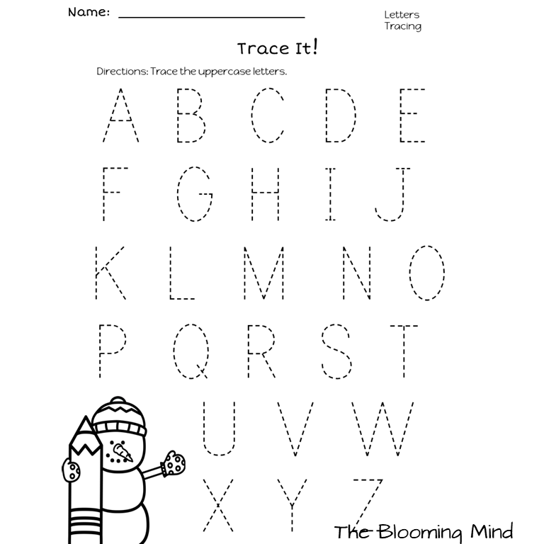 Uppercase alphabet tracing worksheet with snowman illustration