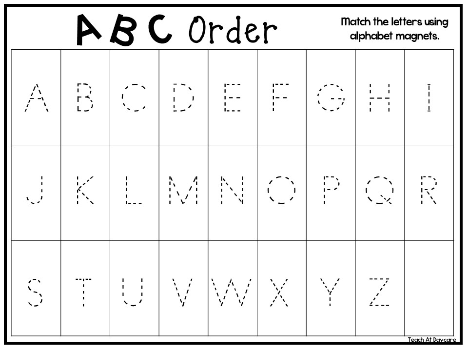 Alphabet order worksheet with dotted uppercase letters grid