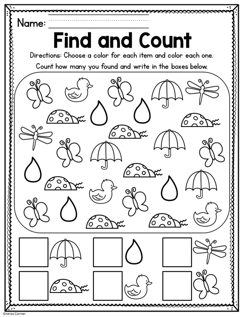 Spring counting worksheet with ducks, butterflies, umbrellas, raindrops, ladybugs, dragonflies