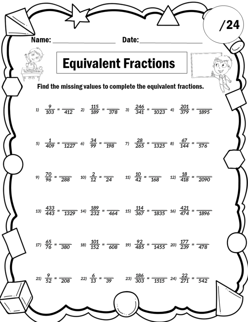Equivalent fractions worksheet with 24 problems and cartoon border