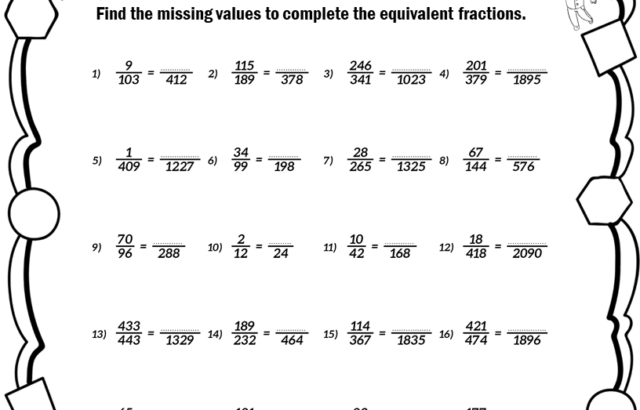 Equivalent fractions worksheet with math problems and border doodles