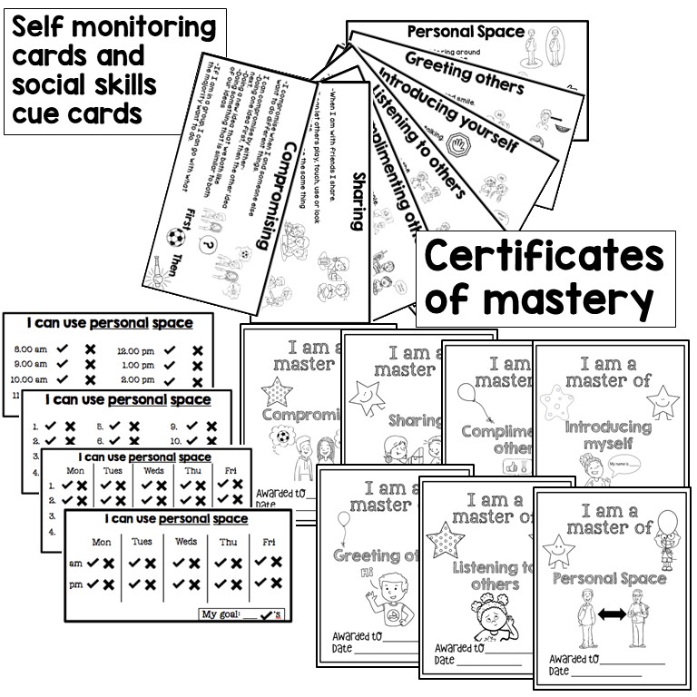 Social skills cue cards and mastery certificates collage