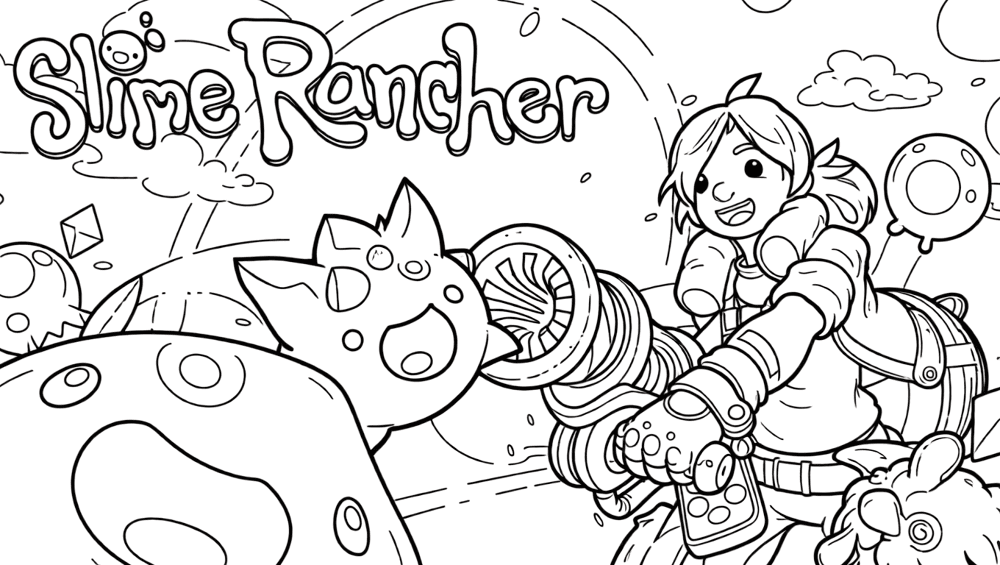 Slime Rancher character with cartoon slimes and logo